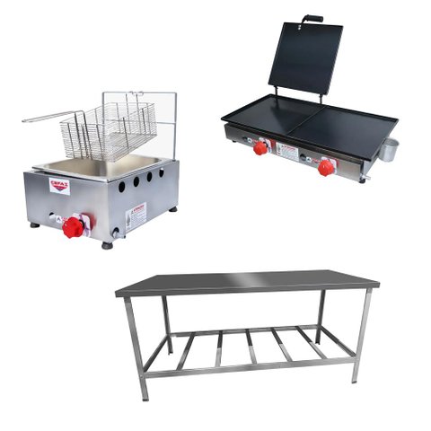 Kit Lanchonete Mesa de Manipulação 190x70cm + Fritadeira a Gás 1 Cuba + Chapa a Gás 60cm
