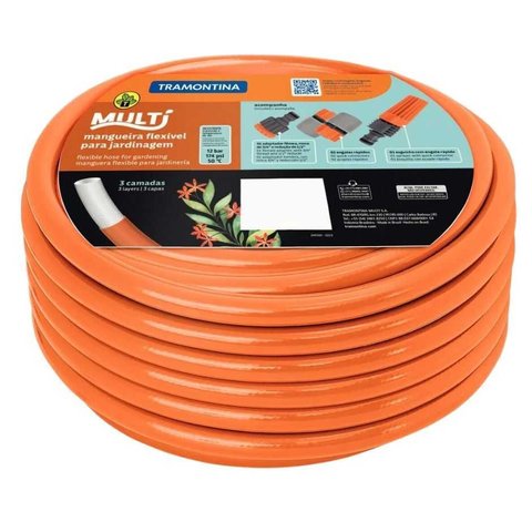 Mangueira Multi 1/2" Laranja 25 Metros + Kit 4 Pecas Tramont