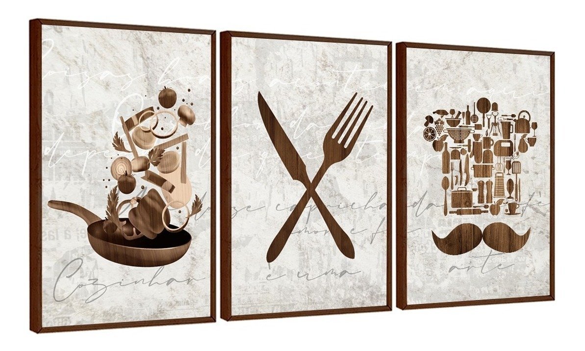 Kit 3 Quadros Decorativos Cozinha Retrô Moderno Luxo