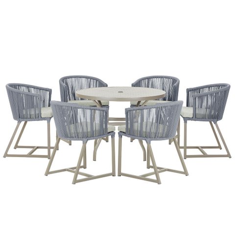 Mesa com 6 Cadeiras de Jantar Roma 120cm e Noronha em Alumínio Fendi Corda Náutica Estofado 3 Trama