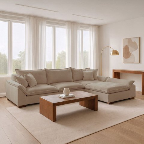 Sofá de Canto 6 Lugares com Chaise Modulado 280cm com Base em Madeira Maciça Dominique