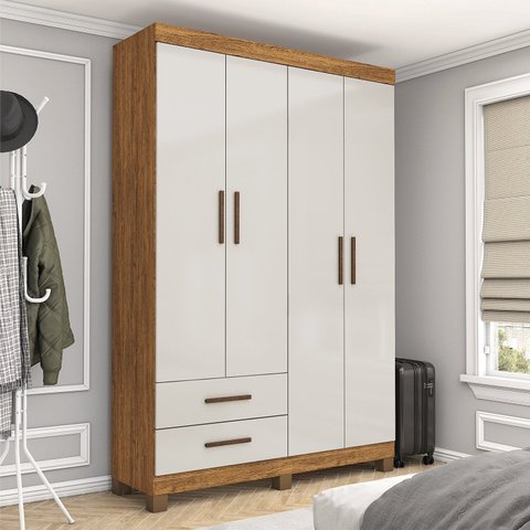 Guarda-Roupa 4 Portas 2 Gavetas com Pés Genova Off White/Cinamomo