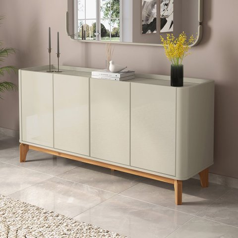 Buffet Aparador Flip 4 Portas com Pés em Madeira 160cm Off White