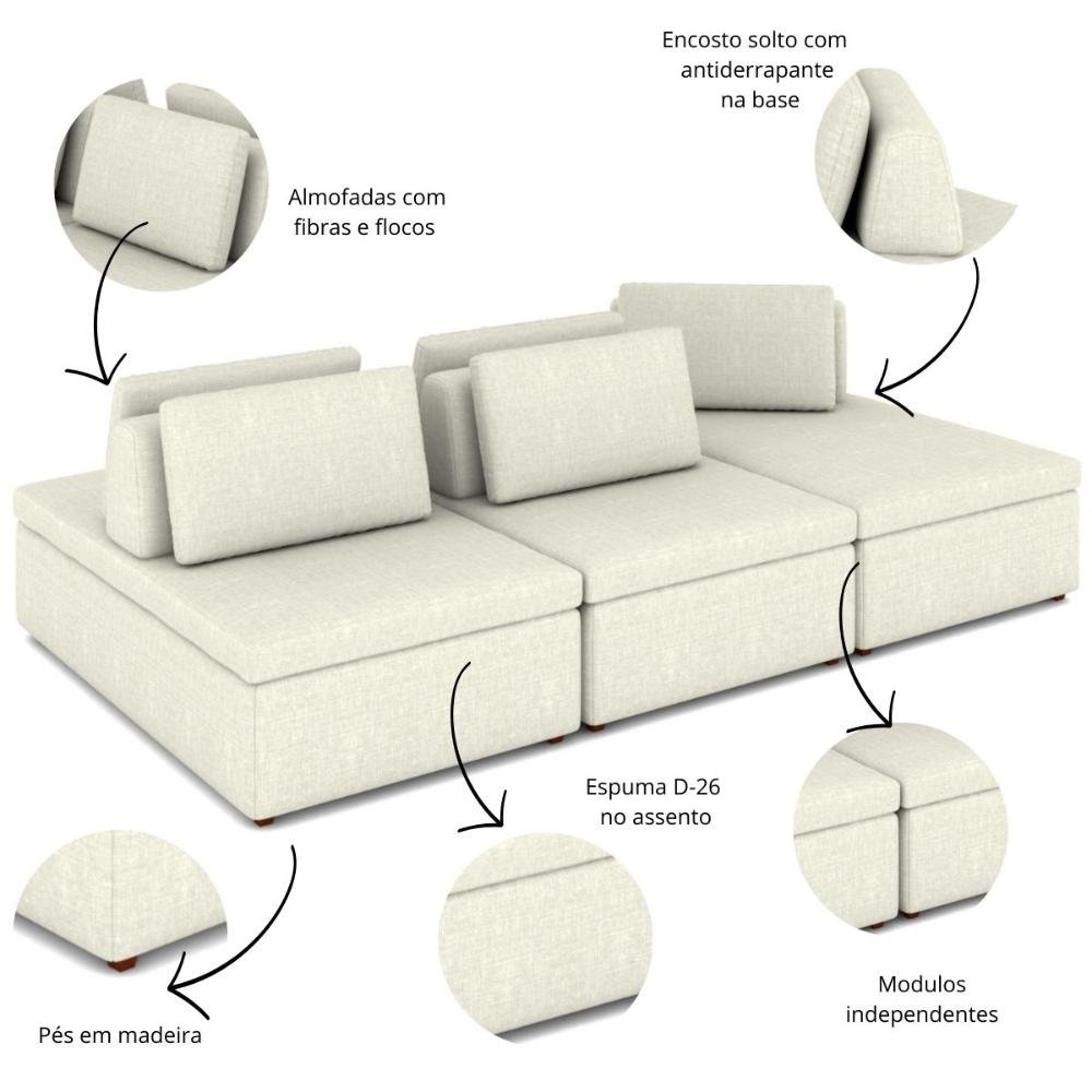 Sofá Ilha Modular 2,70m em Linho Bege com Encosto Móvel Almofadas Kauai - Larbelle Móveis - 2