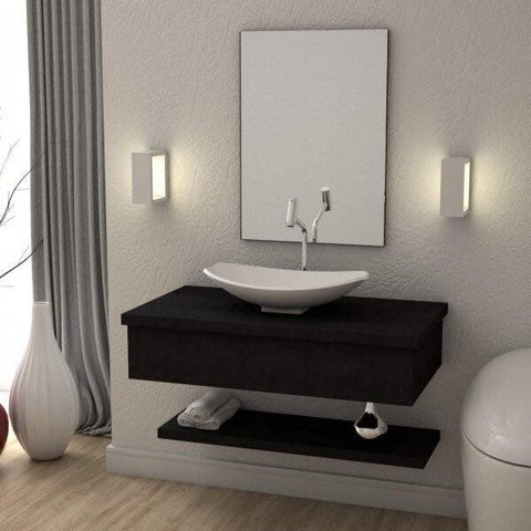 Bancada para Banheiro 80cm com Cuba Canoa L45 Prateleira e Espelheira 806W Metrópole Preto/Ônix