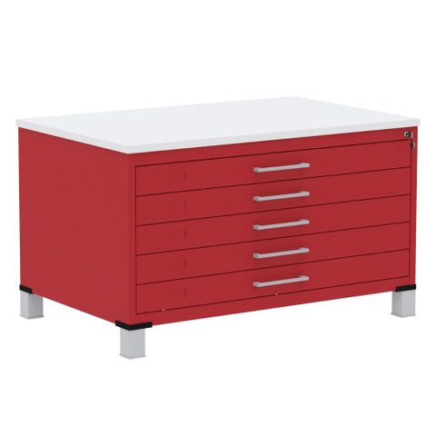 Mapoteca 5 Gavetas Pandin 120 Cm (larg) Inmetro Tampo Mdp Branco Estrutura e Gaveta em Aço Vermelho