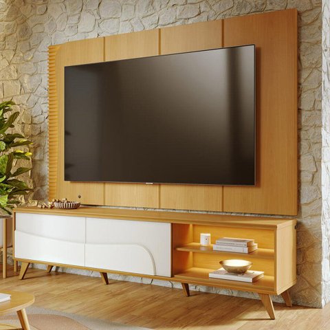 Rack para Sala Retrô com Painel para TV 65 pol com LED 216cm Salerno C04 Naturale Off White Matte -
