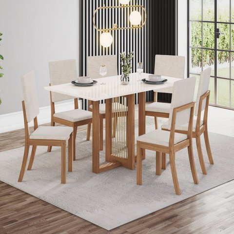 Conjunto para Sala de Jantar Mesa com 6 Cadeiras Natalí Marrom/Nature/Off White/Linho
