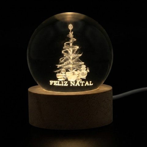 Enfeite Luminoso de Natal: Esfera de Vidro LED USB com Base de Madeira - Decoração Elegante de Mesa: