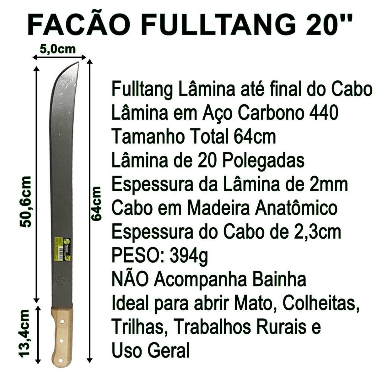 Facão para Mato 20 Cabo de Madeira Fultang Inox 64cm Podão - 2