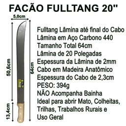 Facão para Mato 20 Cabo de Madeira Fultang Inox 64cm Podão - 2