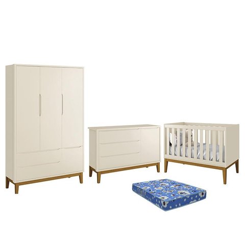 Dormitório Infantil Classic 3 Portas, Cômoda 1 Porta, Berço Areia Fosco com Pés Amadeirado e