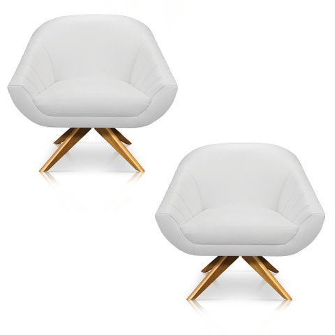 Kit 02 Poltronas Giratória Giovana Corino Base Madeira MA30 - D’Rossi - Branco