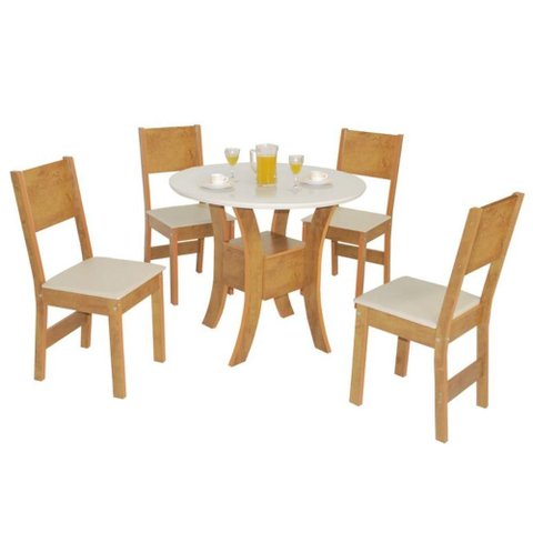 Conjunto Mesa Redonda Maya com 4 Cadeira Pérola - Bagum Bege Freijó e Off White