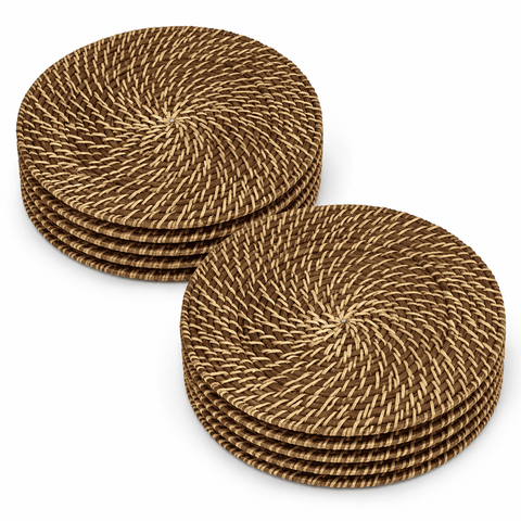 Kit 12 Sousplats Redondos Marrom-Claro 32 cm Bambu e Rattan