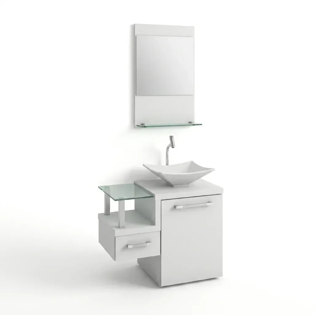 Ver imagem 7 de Conjunto para Banheiro Gabinete com Cuba de Apoio Folha L34 e Espelheira Legno 631W Branco