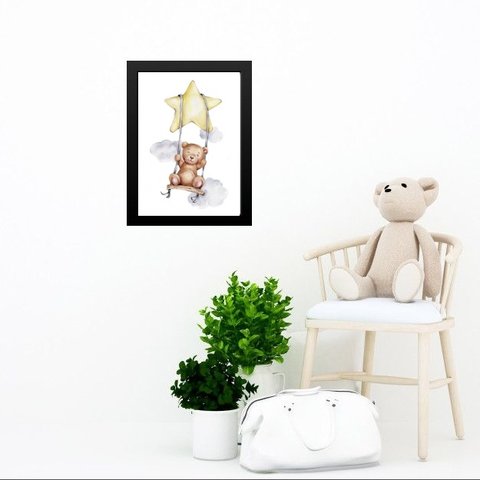 Quadro Quarto Bebê Ursinho Estrela 24x18cm:madeira Preta