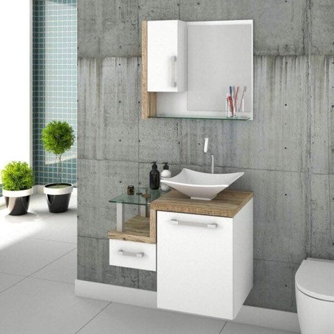 Gabinete para Banheiro 1 Porta 1 Gaveta 1 Cuba Folha Lux e Espelheira Legno 630W Espresso Móveis Branco