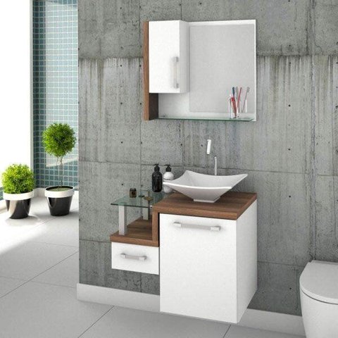 Gabinete para Banheiro 1 Porta 1 Gaveta 1 Cuba Folha Lux e Espelheira Legno 630W Espresso Móveis Branco