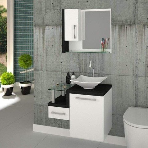 Gabinete para Banheiro 1 Porta 1 Gaveta 1 Cuba Folha Lux e Espelheira Legno 630W Espresso Móveis Branco/Preto Onix