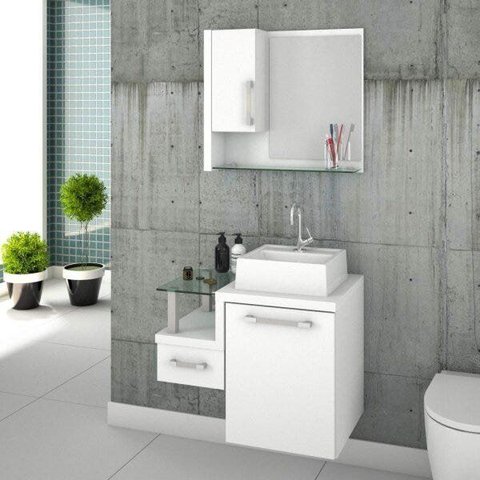 Gabinete para Banheiro com Cuba Quadrada Q32 e Espelheira com Porta Legno 630W Branco