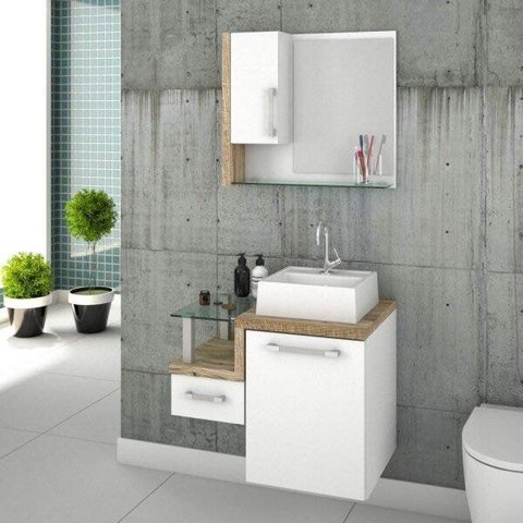 Gabinete para Banheiro com Cuba Quadrada Q32 e Espelheira com Porta Legno 630W Branco