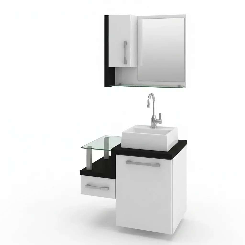 Ver mais imagens de Gabinete para Banheiro com Cuba Quadrada Q32 e Espelheira com Porta Legno 630W Branco/Preto Onix