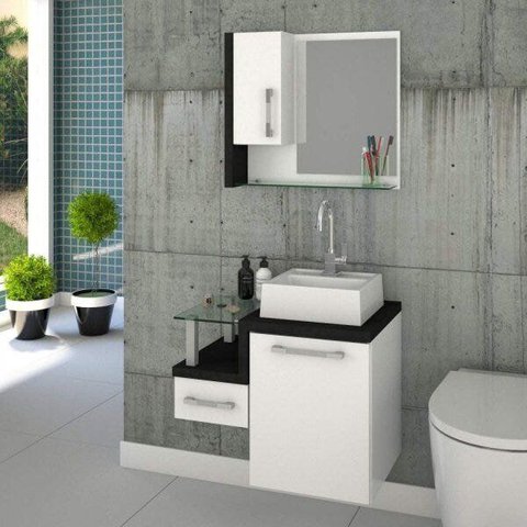 Gabinete para Banheiro com Cuba Quadrada Q32 e Espelheira com Porta Legno 630W Branco/Preto Onix
