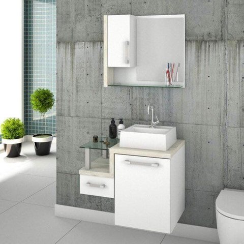 Gabinete para Banheiro com Cuba Quadrada Q32 e Espelheira com Porta Legno 630W Branco