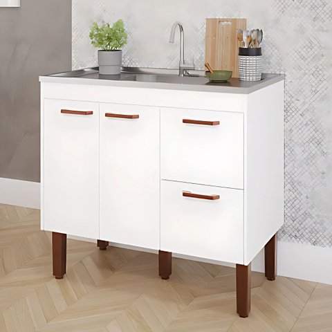 Gabinete de Cozinha 114cm Armário 100% MDF 2 Porta 2 Gavetas:Branco