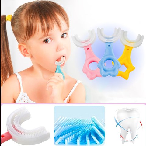Escova de Dentes Infantil de Silicone Formato em U 360 Graus:rosa