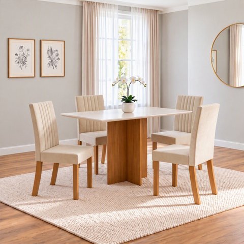 Conjunto Sala de Jantar Mesa Lana 120cm Tampo MDF Canto Reto 4 Cadeiras Lily