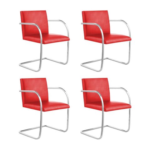 Kit 4 Cadeiras Brno para Escritório Couro Sintético Vermelho Tubular Cromada