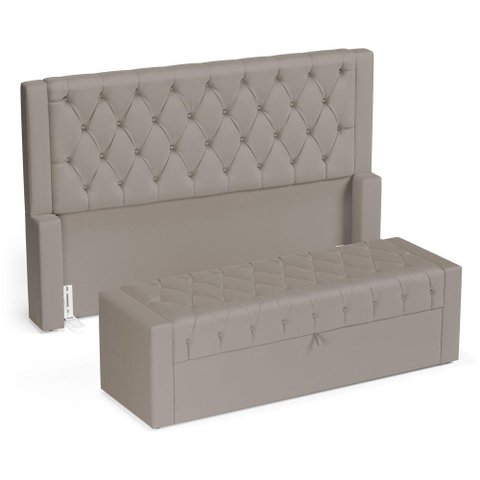 Cabeceira e Calçadeira Báu Casal Padrão Atena 140cm Capitonê Suede Bege - Desk Design