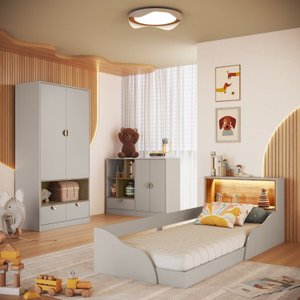 Quarto Infantil com Cama Solteiro Montessoriana com Iluminação Led, Comoda e Guarda-roupas Lille