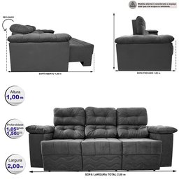 Sofa Itália 2,00 Mts Retrátil e Reclinavel Tecido Suede Cinza - Cama InBox - 8