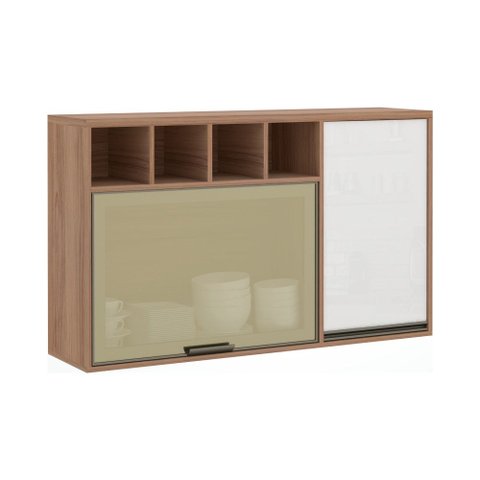 Armário Aéreo 120cm 1 Porta de Abrir 1 Porta Basculante Vidro Reflecta e Nicho Mel Luciane Móveis