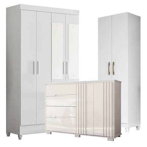 Guarda Roupa com Espelho Infantil Sobral com Cômoda Texas e Armário Multiuso New Íris Branco