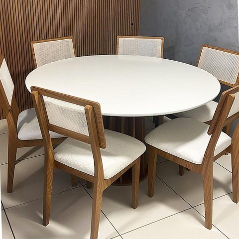 Conjunto Mesa de Jantar 1,35m com Vidro + 6 Cadeiras em MDF