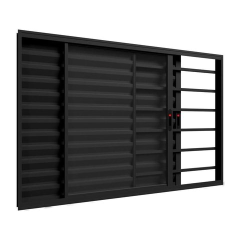 Janela de Correr Alumínio Preto 03 Folhas Veneziana c/Grade Confort - 100x150