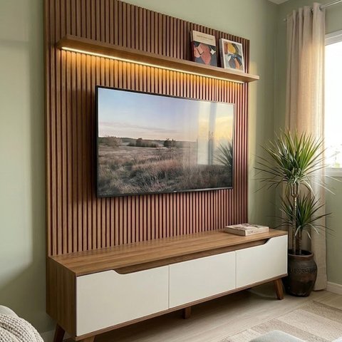 Rack com Painel Efeito Ripado para TV até 75 Polegadas com Portas e Gaveta 185,5x183x40cm