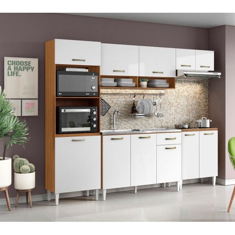 Jogo de Cozinha Atena 249cm com Balcão de Pia 120cm sem Tampo - Cinamomo/branco Aramóveis