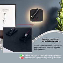 Arandela Parede Cabeceira Led Interruptor Spot Preto Quarto Bet50 - 4