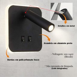 Arandela Parede Cabeceira Led Interruptor Spot Preto Quarto Bet50 - 8