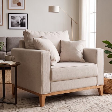 Poltrona Beny Linho 80cm Base e Pés de Madeira - Bege