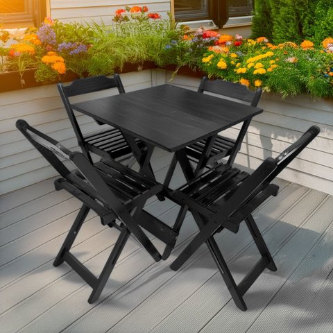 Conjunto Mesa Dobrável 70x70 com 4 Cadeiras de Madeira Dobrável Retrátil Preto