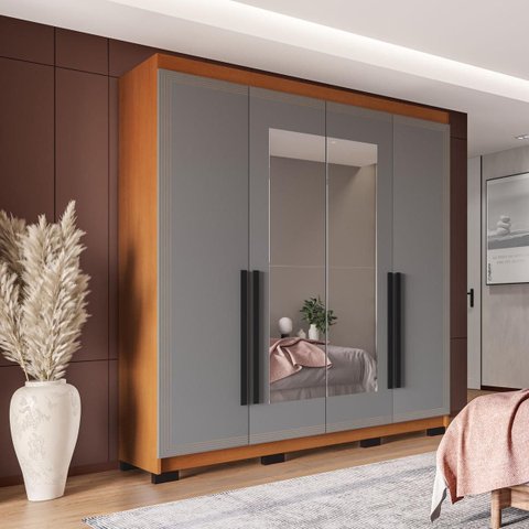 Roupeiro Solteiro Valência 4 Portas com Espelho 161x214cm Freijó/Cinza 240851