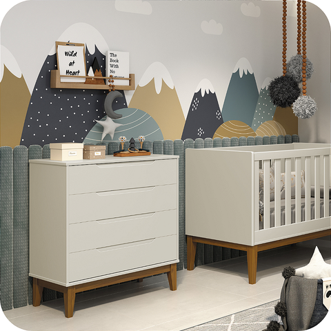 Quarto de Bebê Berço Evolution + Cômoda 4g + Guarda Roupa 3P Areia Classic: