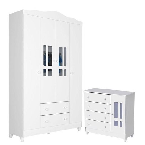 Cômoda e Guarda Roupa Infantil Ariel 4 Portas Branco Brilho - Carolina