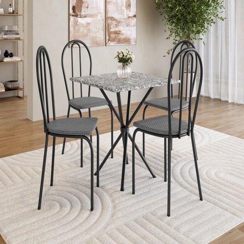 Conjunto Sala de Jantar Mesa Quadrada 70cm Tampo Granito com 4 Cadeiras Leia Preto/Platina/Ocre